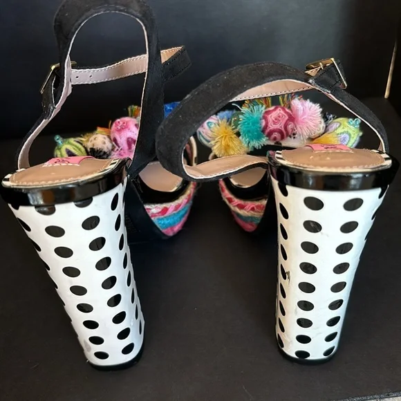 Betsey Johnson Polka Dot Pom Pom Sandal Heels Colorful Sz 7.5 - Picture 8 of 11